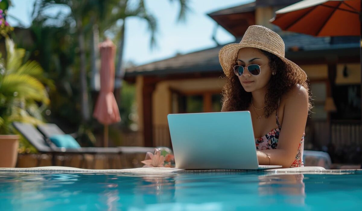 The girl is working at a laptop next to the pool